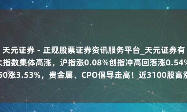 天元证券 - 正规股票证券资讯服务平台_天元证券有限公司 A股收评：三大指数集体高涨，沪指涨0.08%创指冲高回落涨0.54%科创50涨3.53%，贵金属、CPO倡导走高！近3100股高涨，成交2.61万亿缩量1805亿